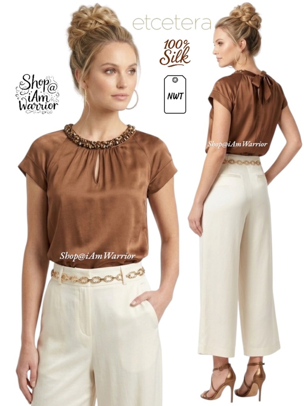 Etcetera NWT silk embellished keyhole neckline & tie back top *shop@iamwarrior